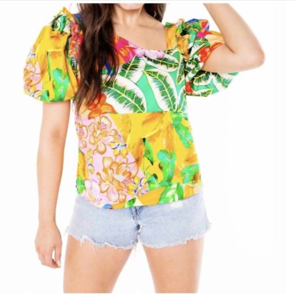 Alden Adair Layla Asymmetrical Ruffled Blouse in Santiago, Size Large, Tropical - Picture 1 of 7